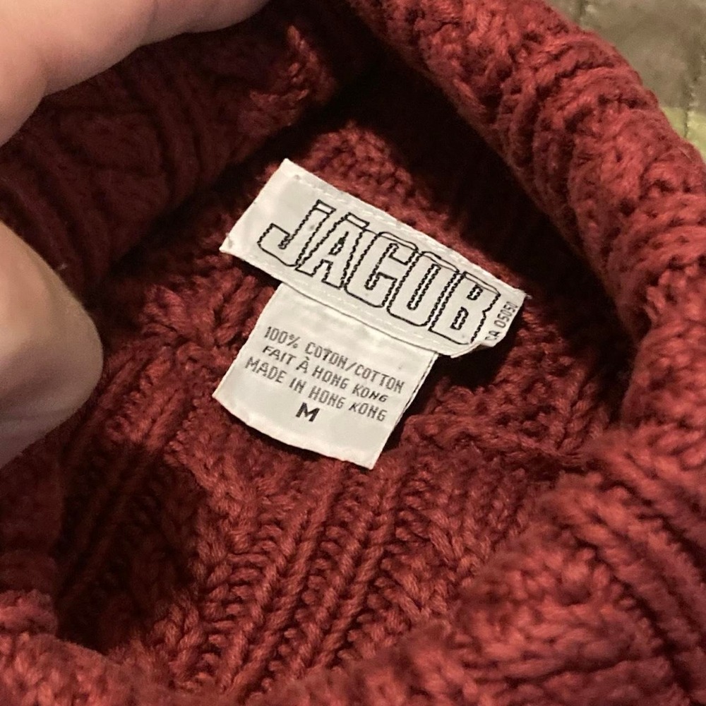 Jacob vintage 80s/90s red cable knit sweater roll neck Hong Kong M/22 - Picture 2 of 8
